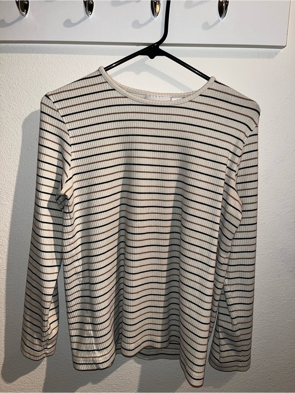 Liz Claiborne Cream Top with Black and Brown Stripes